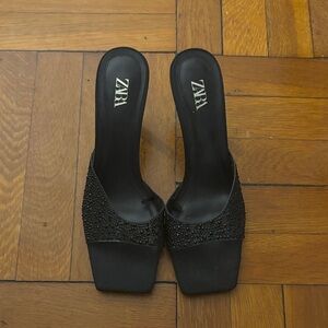 Zara Black Crystal-Embellished Slide Mules